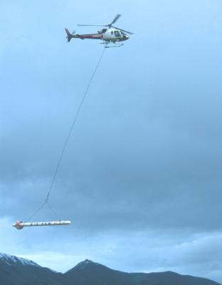 Helicopter conductivity measuring system. (Fugro Airborne Surveys and John Holland, ERA Helicopters)