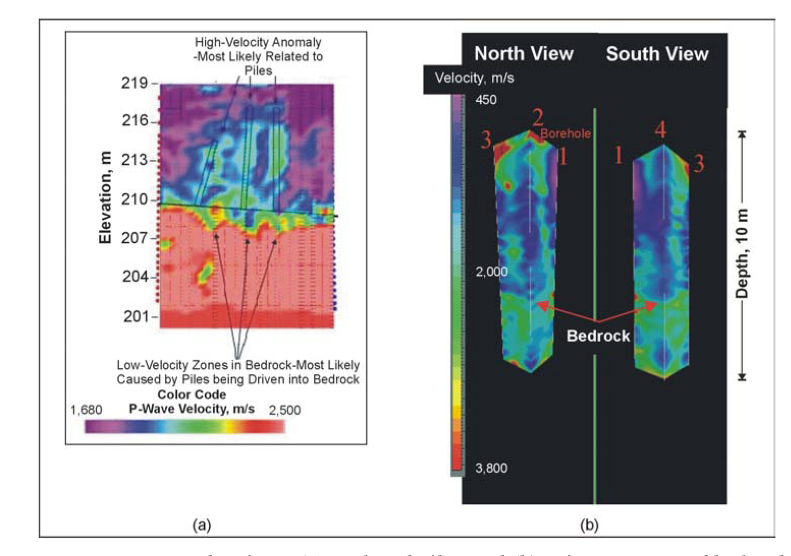 Tomograms showing: (a) socketed piles and (b) caisson on top of bedrock. (NSA Geotechnical Services, Inc. and
Blackhawk GeoServices, Inc., respectively)