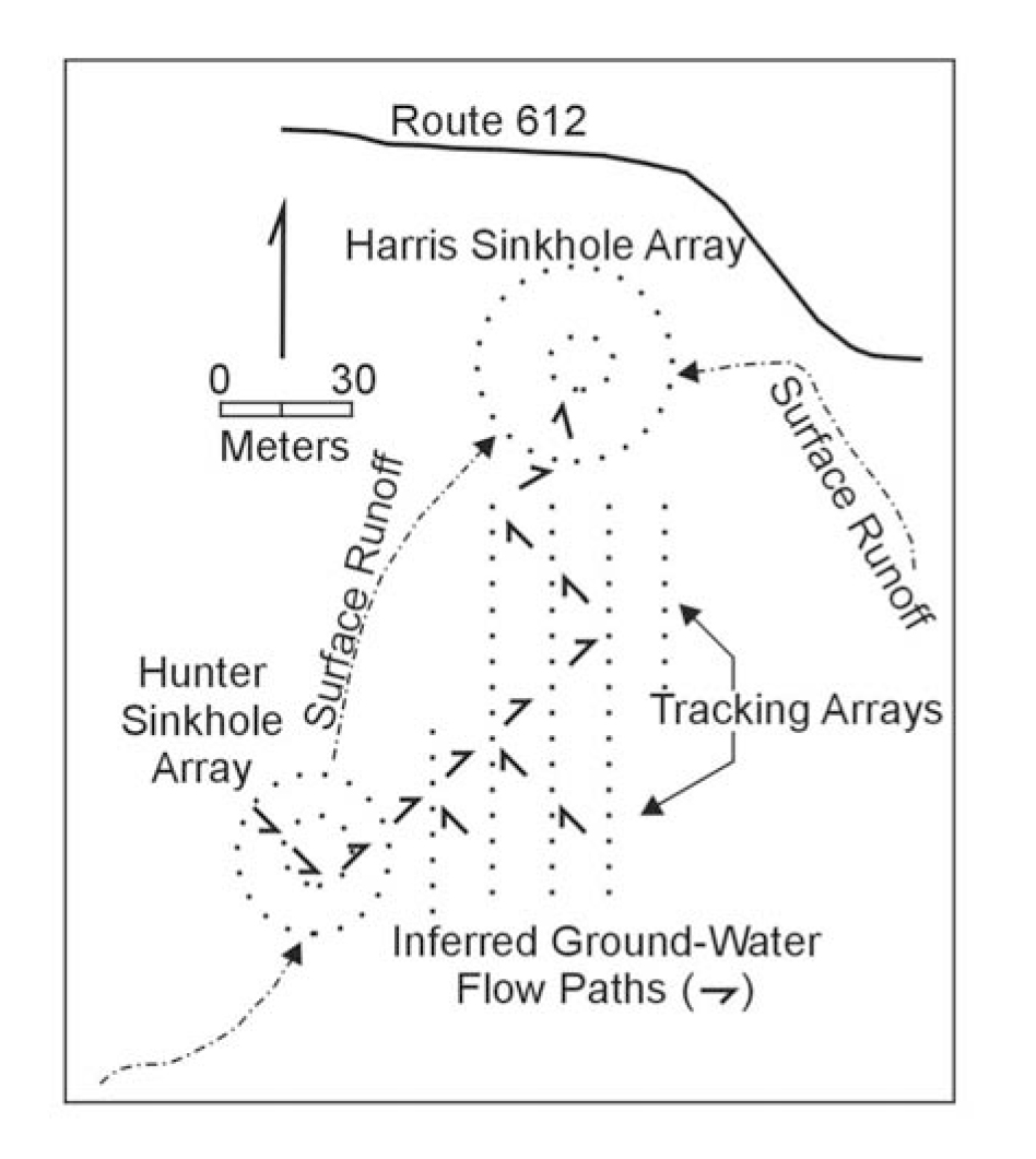 Electrode configurations at the Harris-Hunter sinkhole site, showing groundwater flowpaths
inferred by SP anomalies.  (Erchul and Slifer, 1989).