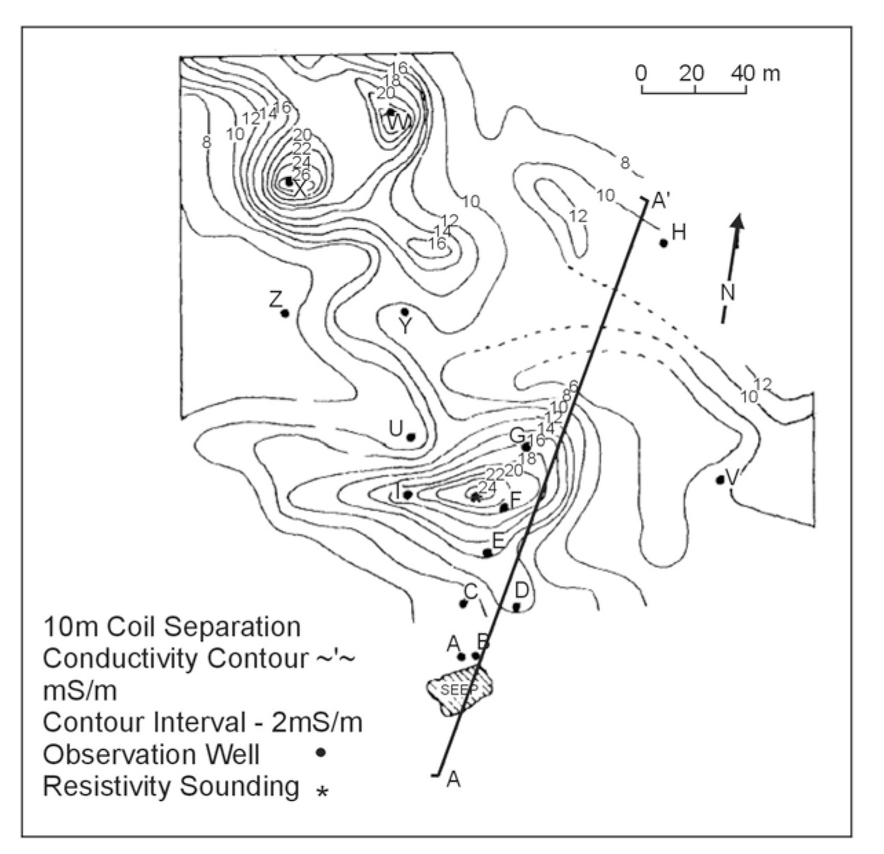 Contours of apparent conductivity for an acid mine dump site in Appalachia from terrain conductivity meter. (Ladwig (1982) and McNeill (1990); copyright permission granted by Society of Exploration Geophysicists)