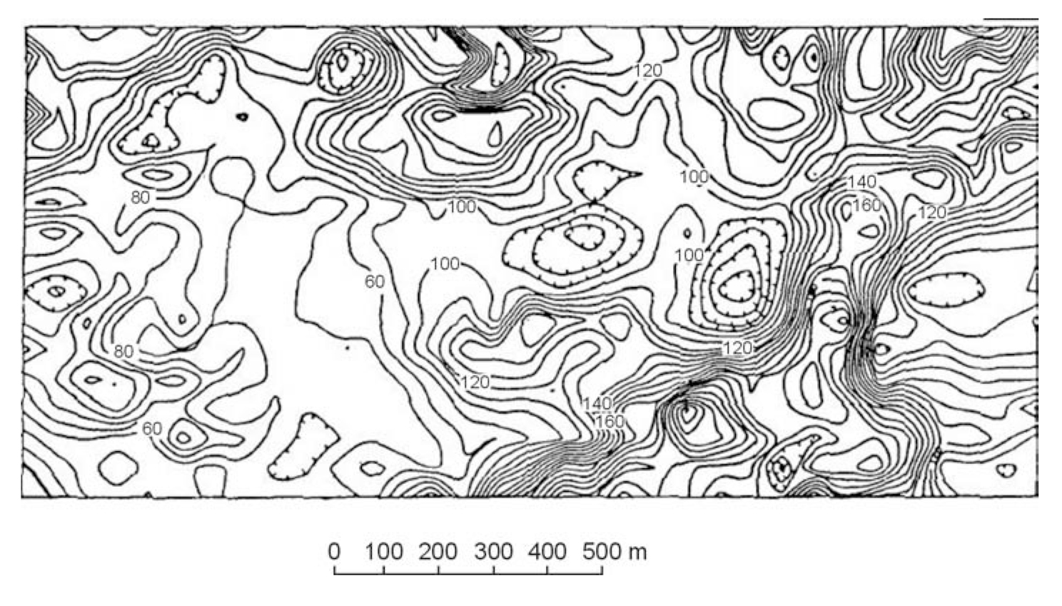 Contours of apparent conductivity measured with ground conductivity meter over dry farm land. Alberta, Canada. (Wood (1987) in McNeill (1990); copyright permission granted by Society of Exploration Geophysicists)