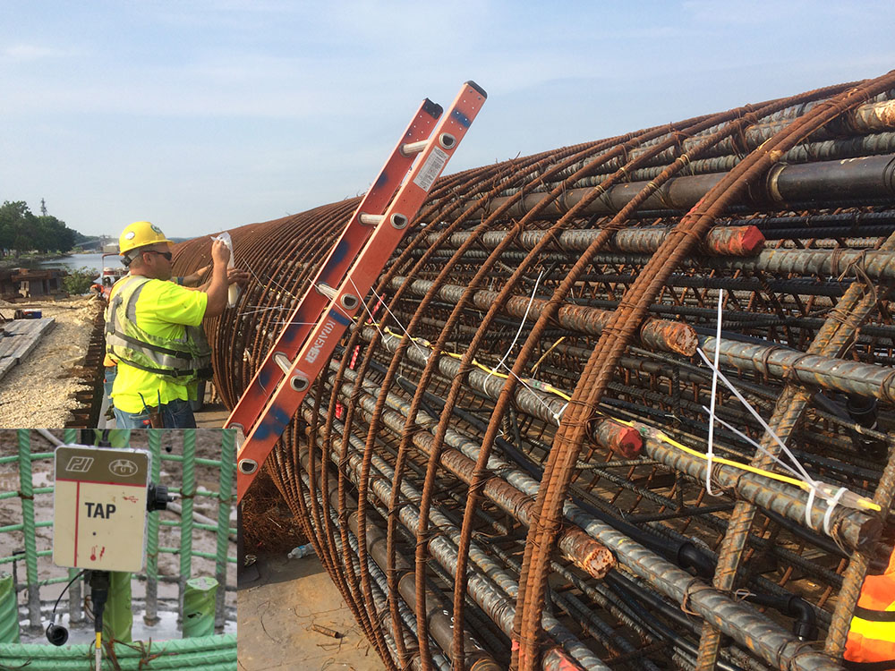 Attaching TIP wires to a reinforcing cage with Zip-ties, and a Thermal Acquisition Port (TAP box, inset).