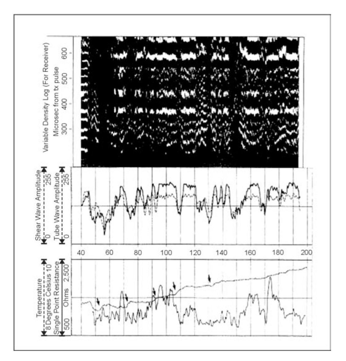 Composite of logs showing the location of permeable fractures indicated by the arrows at changes in temperature gradient and by low tube and shear wave amplitude. (Yearsley and Crowder, 1990; copyright permission granted by Colog, Inc)