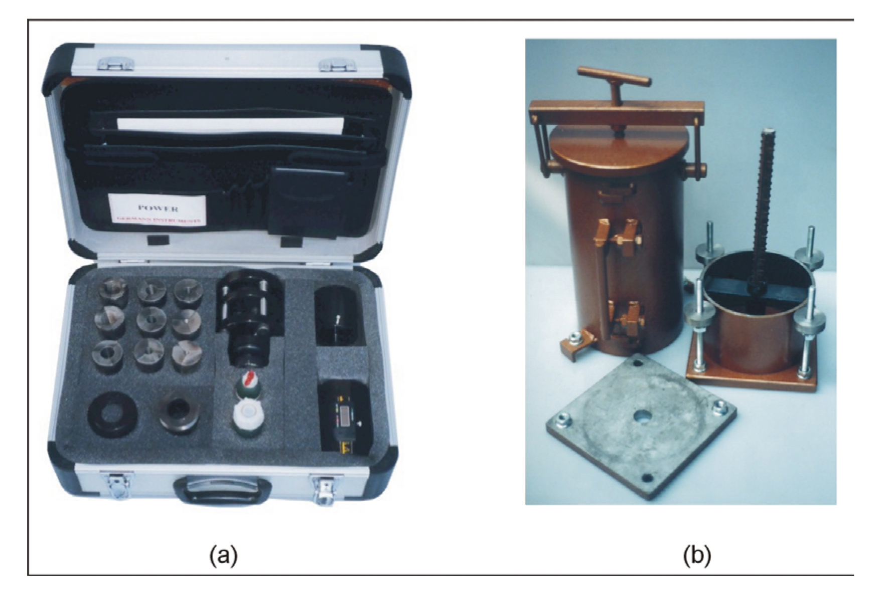 Power equipment to test rebar bonding: (a) Preparation Kit, and (b) Power equipment. (Germann Instruments)